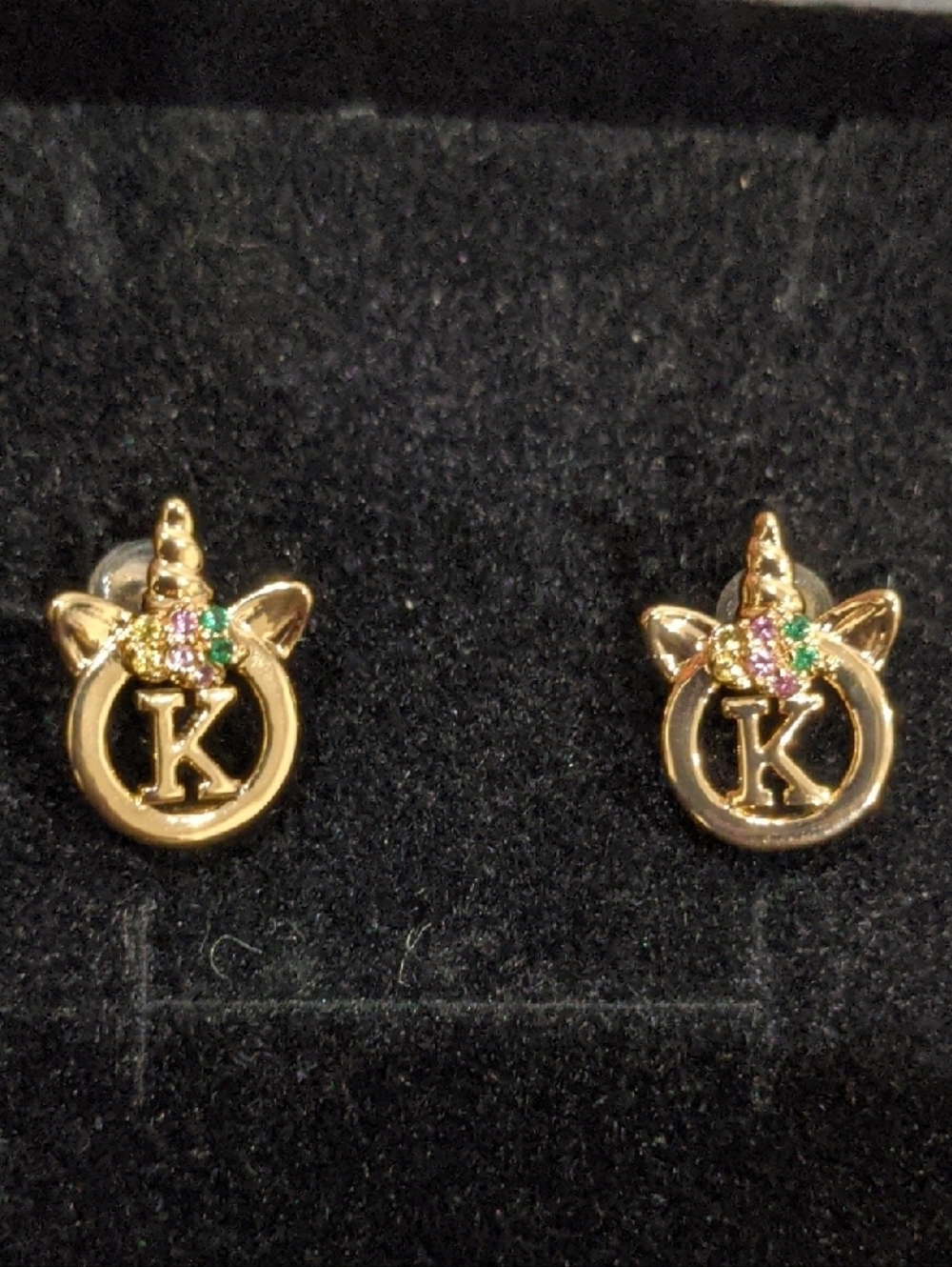 Gold Unicorn Stud Earrings with 'K' Initial